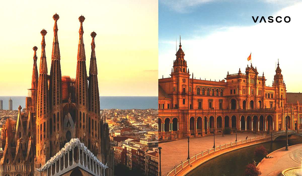blog-01-uniwersal-catalan Разделено изображение, показващо Саграда Фамилия в Барселона отляво и Площада на Испания в Севиля отдя