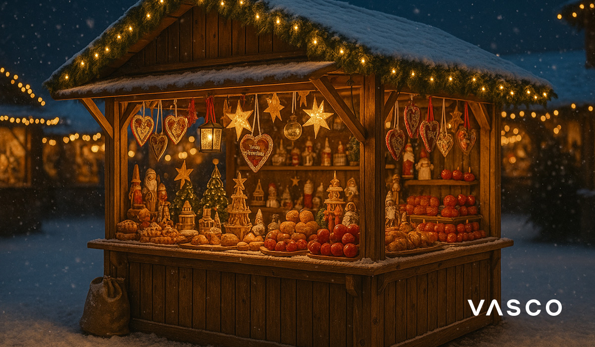 blogpost-christmas_markets-2025-01-okladka празнична коледна пазарна сергия с орнаменти и печени изделия в снежна вечер