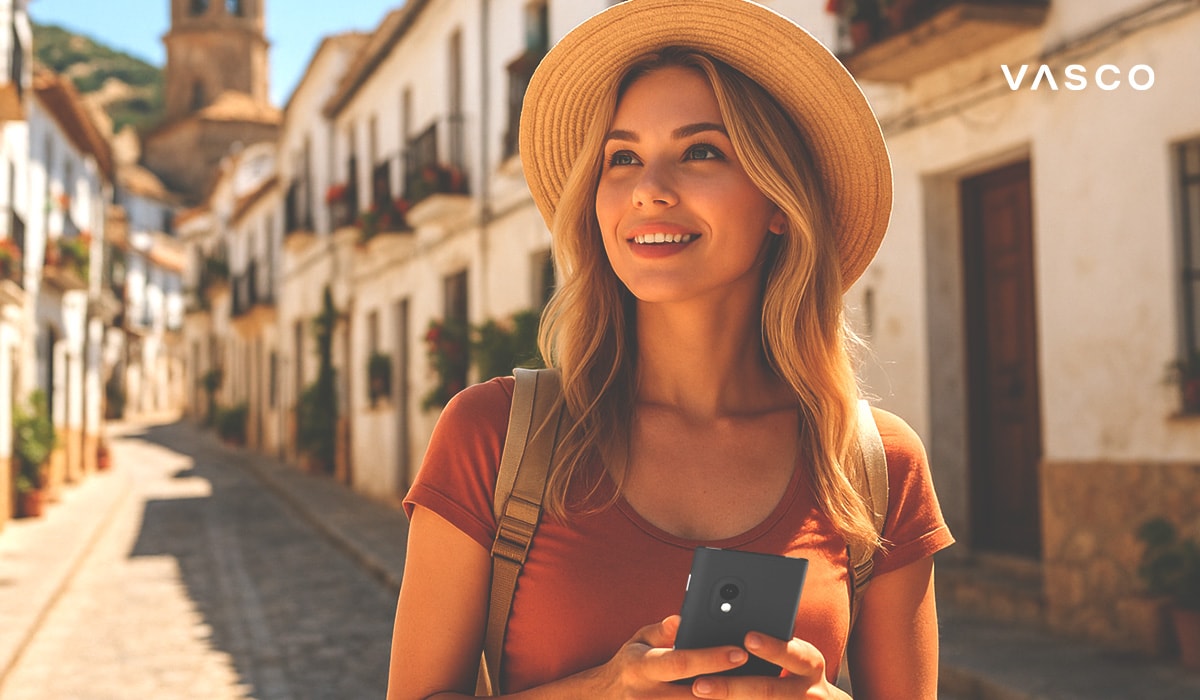 Усмихната туристка, която върви по тясна испанска улица с бели сгради, държи устройство за превод и носи сламена шапка и раница.