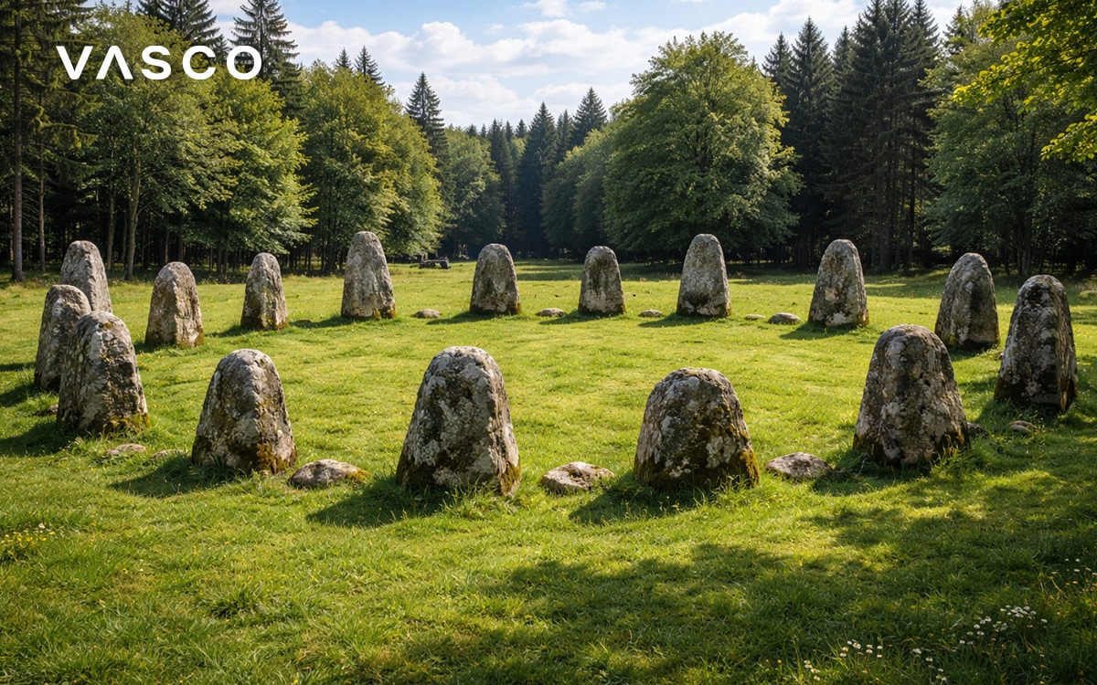 древен келтски каменен кръг в зелена горска поляна