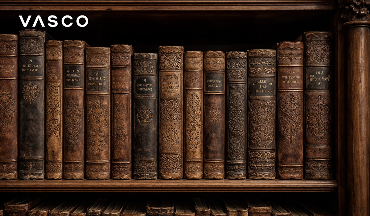 стари книги с кожени подвързии и келтски мотиви на рафт