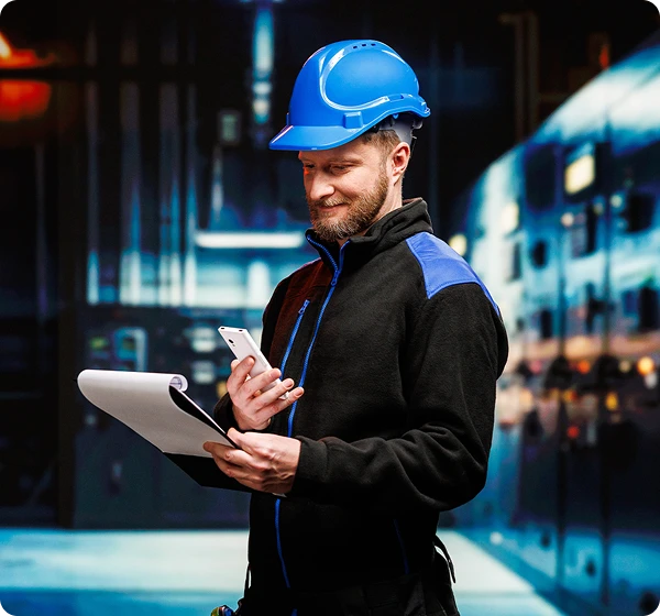 Двама мъже разговарят помежду си; шофьорът на камиона държи Vasco Translator V4, а човекът отсреща, който изглежда е складов работник, държи документи. Те общуват, използвайки Vasco Translator.