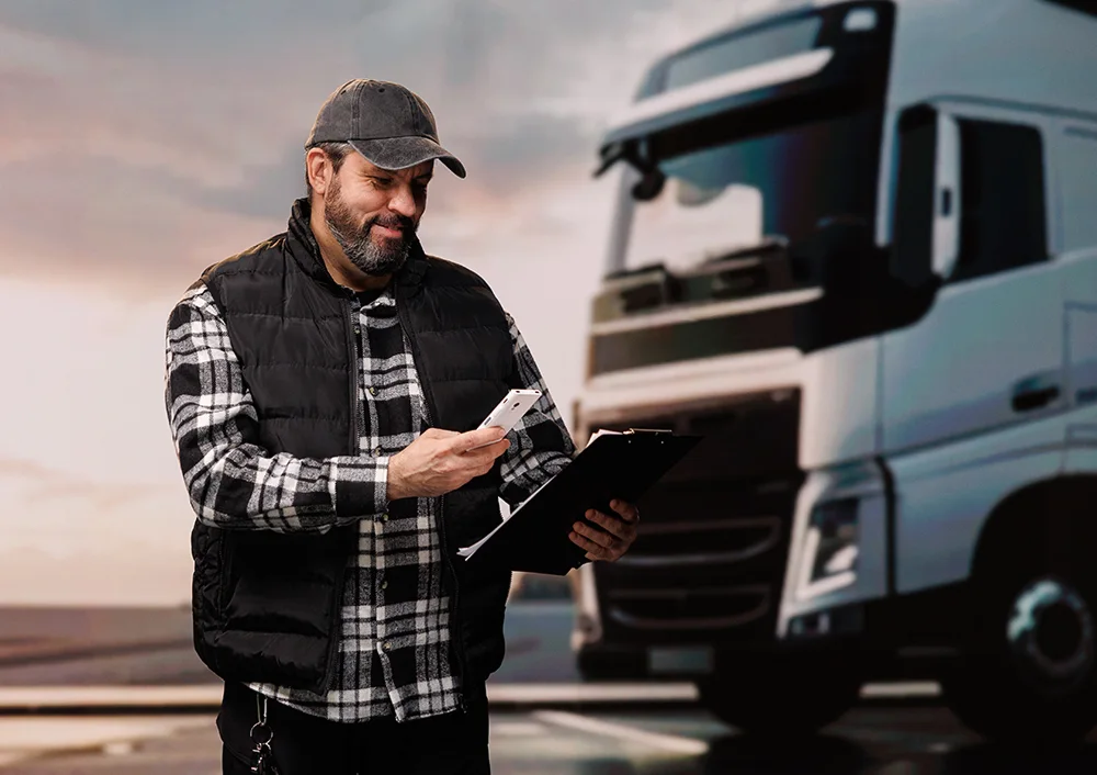 Мъж в работно облекло със синя каска, усмихнат и държащ Vasco Translator V4, с различни машини, видими зад него.