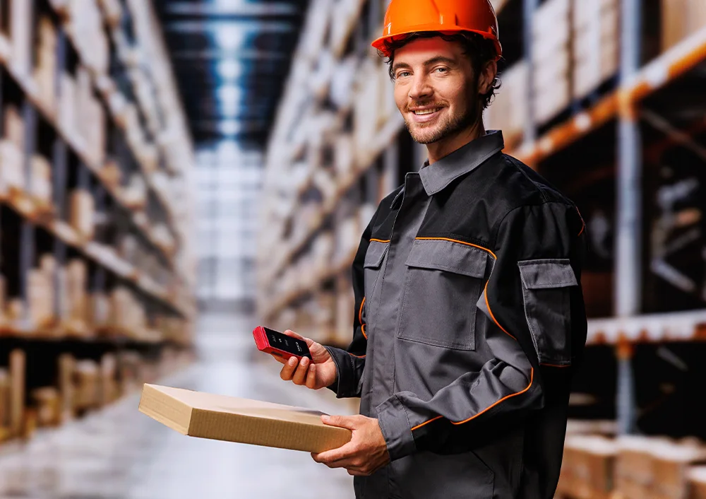Складов работник, облечен в работно облекло и с каска, държащ в едната ръка Vasco Translator Q1, а в другата – пакет, като показва документите/етикетите върху пакета.